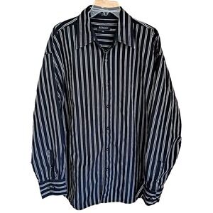 Koman Sport Shirt Men's Size 2XL Long Sleeve Black Silver Stripes Cotton Blend